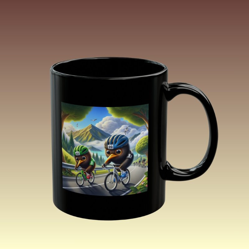 New Zealand Cartoon Kiwi's Cycling Black Coffee Mug - Coffee Purrfection