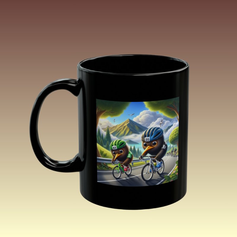 New Zealand Cartoon Kiwi's Cycling Black Coffee Mug - Coffee Purrfection