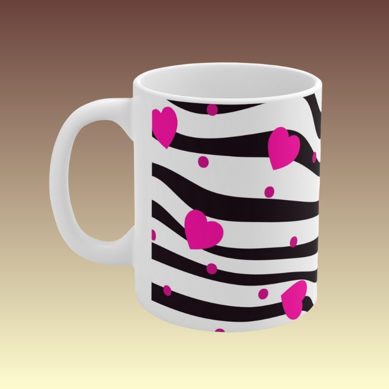 Pink Hearts Black Squiggles Mug - Coffee Purrfection