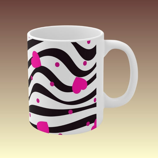 Pink Hearts Black Squiggles Mug - Coffee Purrfection